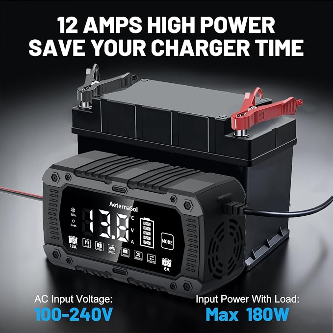 12A Smart Car Battery Charger, 12V/24V Battery Maintainer Charger for Car Motorcycle, Trickle Charger, Fully Automatic Detect Battery Type & Voltage with Desulfator (Black)