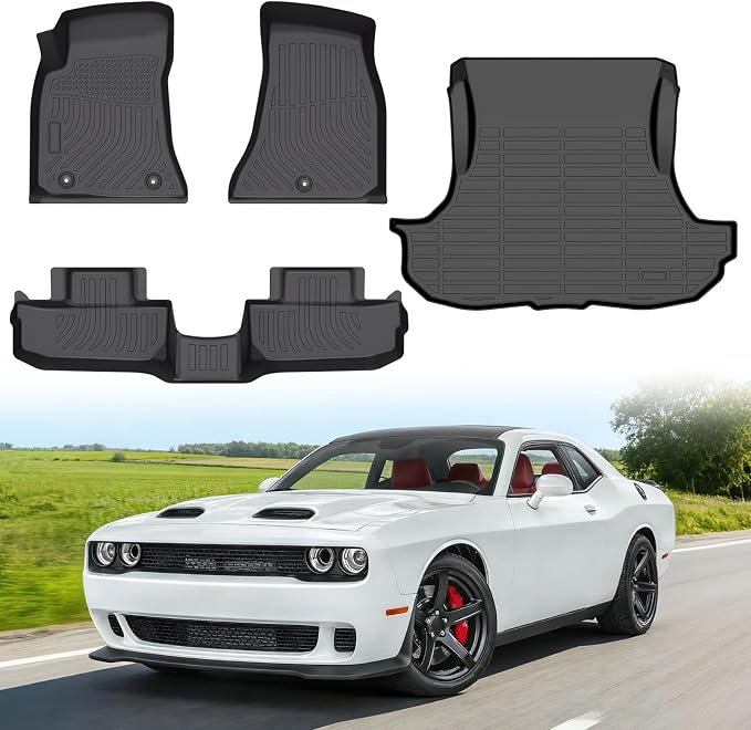 Floor Mats for Dodge Challenger RWD 2015-2023 | (Not for 3.6L V6 Engine Models or AWD),TPE All Weather Protection, Waterproof Black (Two-Row Floor Mats & Cargo Liner)