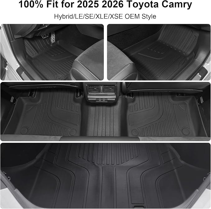 for Toyota Camry 2025 2026 Floor Mats, Full Set All-Weather TPE Laser Custom Fit Floor Liners, Black Automotive Accessories for Camry Hybrid/LE/SE/XLE/XSE