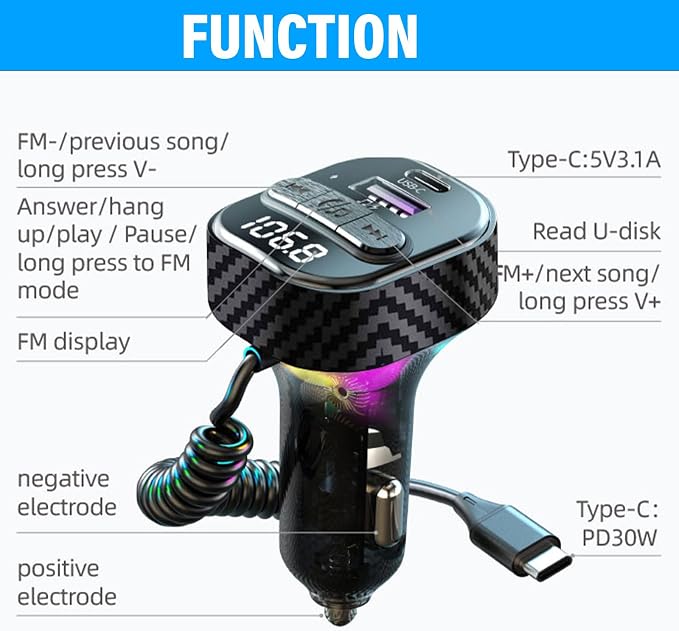 Bluetooth 5.3 FM Transmitter for Car, Bluetooth Car Adapter with Type-C PD(30W) Charger Port and Cable, QC3.0 USB Port, Wireless FM Radio Transmitter, Support Handsfree Calling, Backlit,U Disk, Black