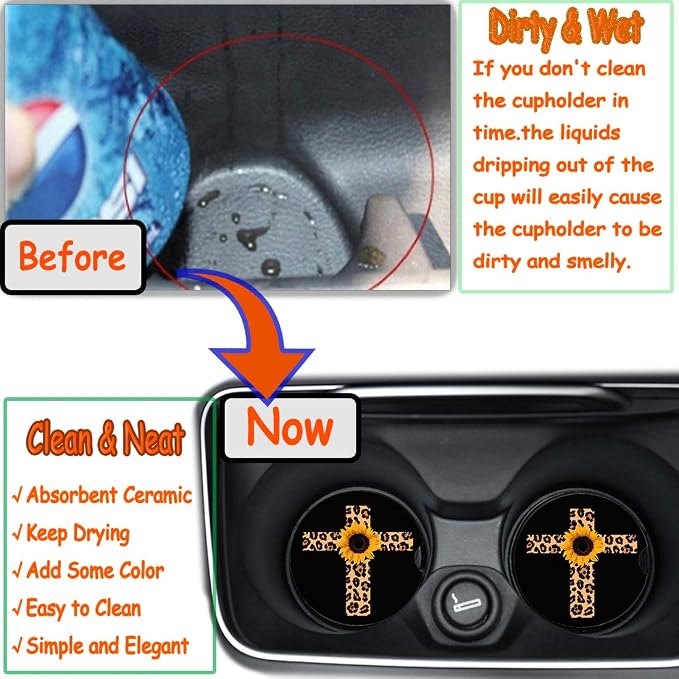 Car Coasters 2 Pack, Small 2.56" Absorbent Ceramic Coaster for Car, Keep Cup Holders Clean and Dry, Auto Coasters Set for Women Men Cup Holder, Leopard Print Cross with Sunflower Style Car Coasters