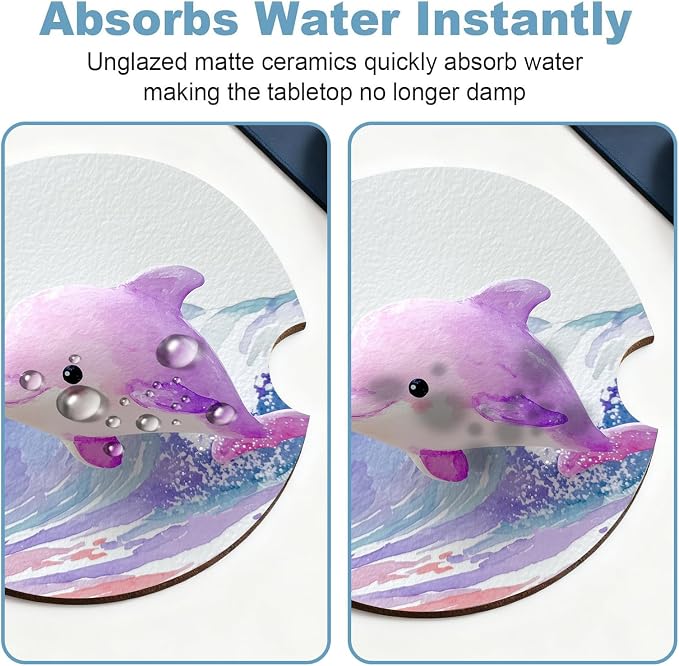 Car Cup Holder Coaster Set of 2, 2.56 in Ceramic Coasters, Scratch-Resistant Cork Backing, Finger Groove Design for Easy Placement, Cute Car Accessories Interior for Women (Purple Dolphin)