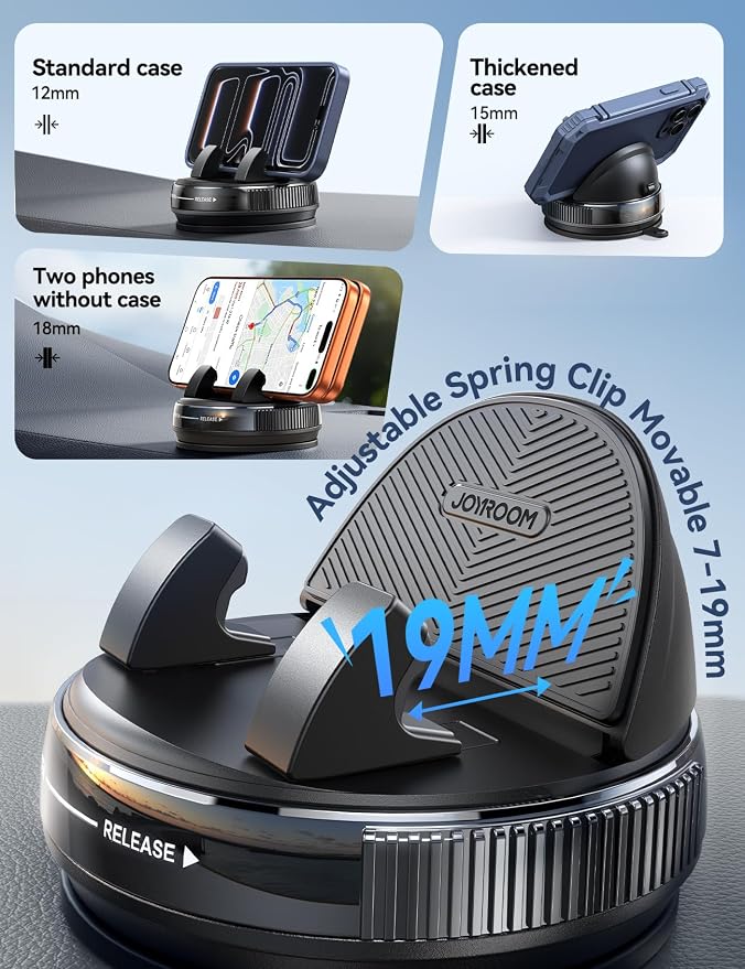 JOYROOM Car Phone Mount, [360° Rotation+Thick Case Friendly] Cell Phone Car Holder with Adjustable Spring Clip, Anti-Slip Silicone Universal Dashboard phone holder for Car for iPhone, Smartphones, GPS