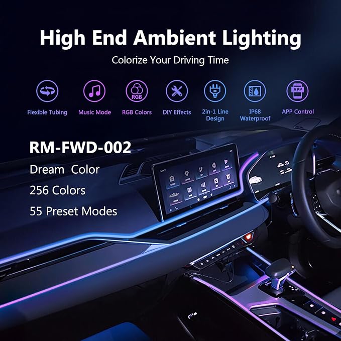 Car-Ambient-Lighting-Kit,RGB 18 in 1 256 LED with Wireless APP DIY Modes | Acrylic Interior Car LED Strip Light for Universal Cars