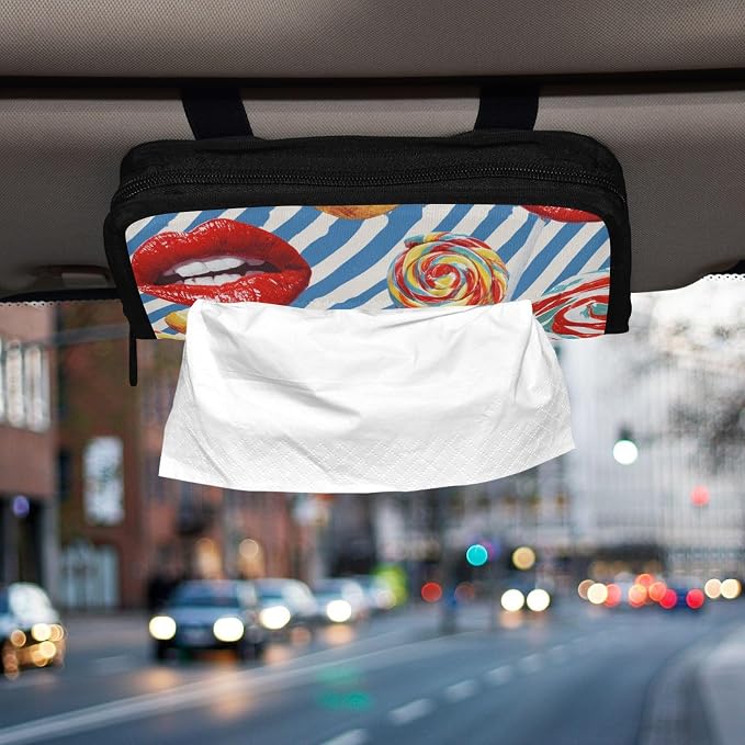 Blue Valentine Lips Lollipops Car Tissue Holder Durable Napkin Holder Hanging Tissue Holders Case Car Tissues Bag for Sun Visor Seat Back Universal Auto