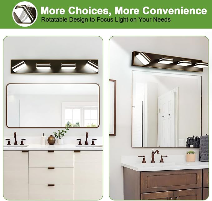 Torondo 360° Rotate LED Bathroom Vanity Light Fixtures, Acrylic Vanity Lights for Bathroom, Modern Wall Lighting Fixtures Over Mirror Living, Oil Rubbed Bronze, Natural White, 4-Light, 27-Inch