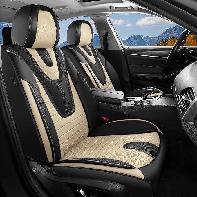 Coverado Car Seat Covers Full Set, 5 Pieces Waterproof Leather Seat Covers, Universal Fit for Cars SUVs Sedans,Black Beige