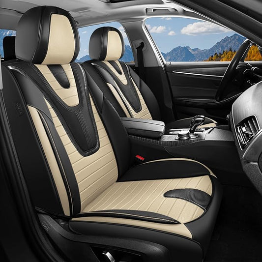Coverado Car Seat Covers Front Seats, 2 Pack Waterproof Leather Front Seat Covers, Universal Fit for Cars SUVs Sedans,Black Beige