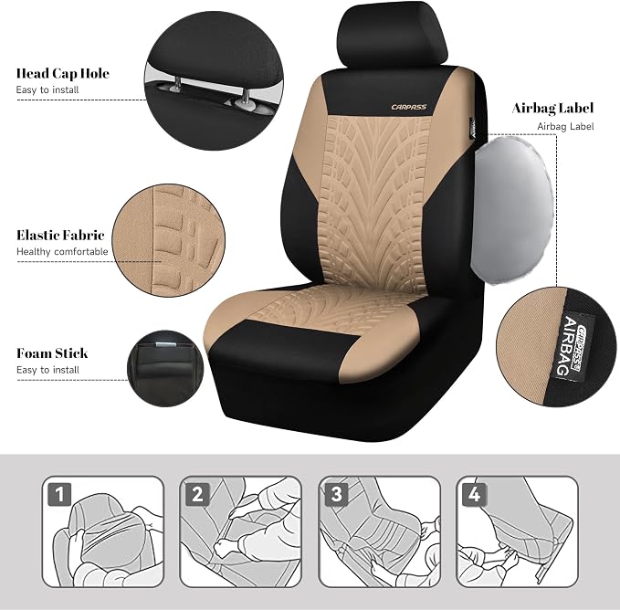 CAR PASS Car Seat Covers Full Sets, Front & Split Rear Bench for Car, 3D Tyre Embossed Automotive Interior Covers, Airbag Compatible, Quick Setup Universal Fit Seat Covers for Car, SUV(Black Beige)