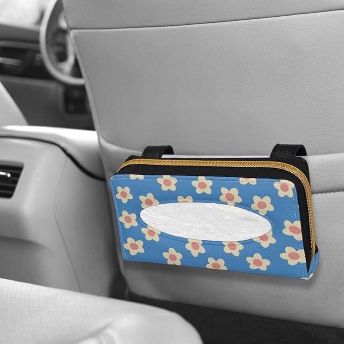 Blue Flower Leather Visor Tissue Holder Car Visor Accessories Adjustable Car Sun Visor Tissue Box Holder Car Decoration for Women Girls