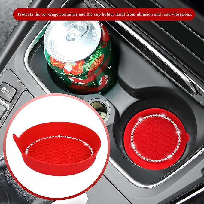 Sun Walker 4 PCS Bling Car Cup Holder Coaster, Non Slip Sparkly Rhinestone Cup Holder Pad Insert Coaster, Shockproof Silicone Shiny Embedded Drink Mat Interior Decor for Most Vehicles (Red)