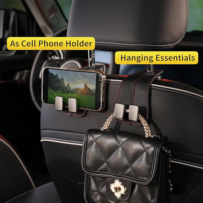 WEIHAO Car Purse Hook, Genuine Leather Car Seat Back Storage Hook, Purse Hook for Car Headrest, Twin Hook Leather Car Headrest Hangers, Bag Hook for Car, Trucks, SUVs, Most Vehicles (Black-2 PCS)