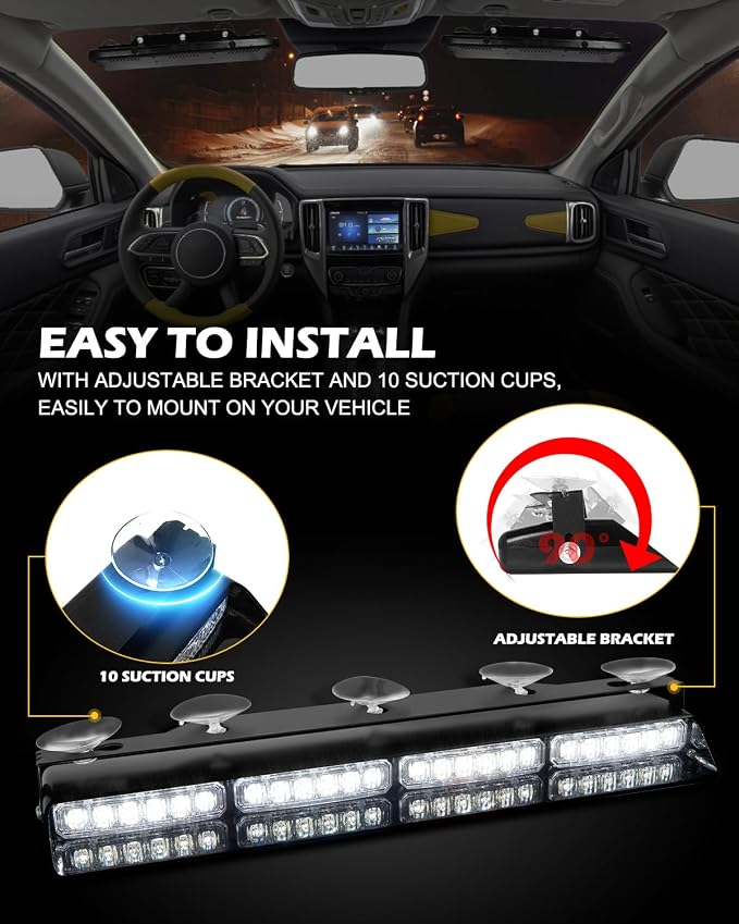 HLauto 604N Emergency Dash Strobe Lights: 2x16.8 inch White Security Light w/Take Down, 48 LED Safety Flashing Warning Hazard Interior Windshield Visor Light Bar for Trucks Vehicles