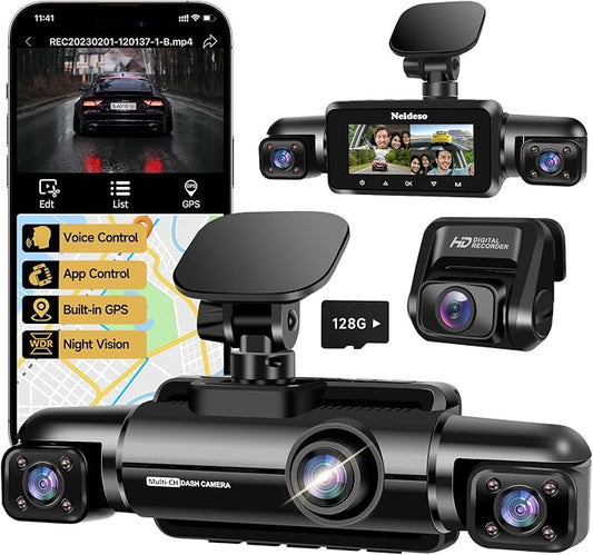 Neideso 360° Dash Cam Front and Rear Inside, 4 Channel Dash Camera for Car | Free 128GB Card, 5GHz WiFi, 4K Dashcam, GPS, Night Vision 3.0, Voice Control, G-Sensor, OTA Upgrade, 24H Parking Mode(N300)