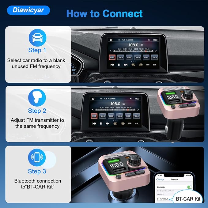 63W FM Transmitter Bluetooth Car Adapter, Wireless FM Bluetooth Transmitter | [PD 45W & QC3.0] Fast Charge, Deep Bass Player, Hands-Free Calling, Pink