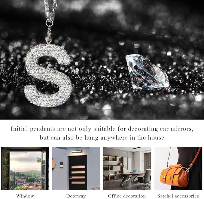 DXNQ Bling Initial Car Rear View Mirror Ornament, Crystal Sparkling Cute Letter Charm Pendant Auto Decor, Hanging Lucky Diamond Initial Charm Car Mirror Bag Ornament for Girl Women (Letter S)