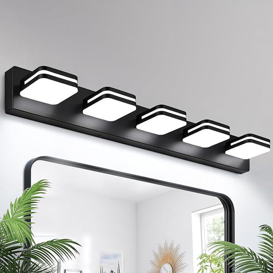 Torondo 360° Rotate LED Bathroom Vanity Light Fixtures, Acrylic Vanity Lights for Bathroom, Modern Wall Lighting Fixtures Over Mirror Living, Matte Black, Natural White, 5-Light, 34-Inch