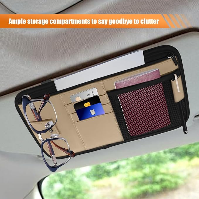 Car Sun Visor Organizer, PU Leather Automotive Visor Storage Pouch Holder with Multi-Pocket, Vehicle Interior Organizer Accessories for Sunglasses, Pen, Key, Phone, Cards, License(Beige)