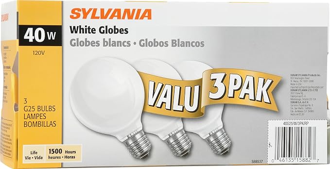 LEDVANCE 40 Watt Vanity Light Bulbs 3 Pack - Incandescent E26 Medium Base Globe Bulbs for Bathroom, Dimmable G25 Type G Round Vanity Bulbs 40W, 120V Soft White Warm White