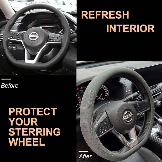PINCTROT D Shaped Nappa Leather Steering Wheel Cover, Slim Fit No Bulk Design, One Piece Leather with Breathable Perforation, Fit Like Gloves, Flat Bottom 14.5-15 Inch(Nappa Dark Gray)