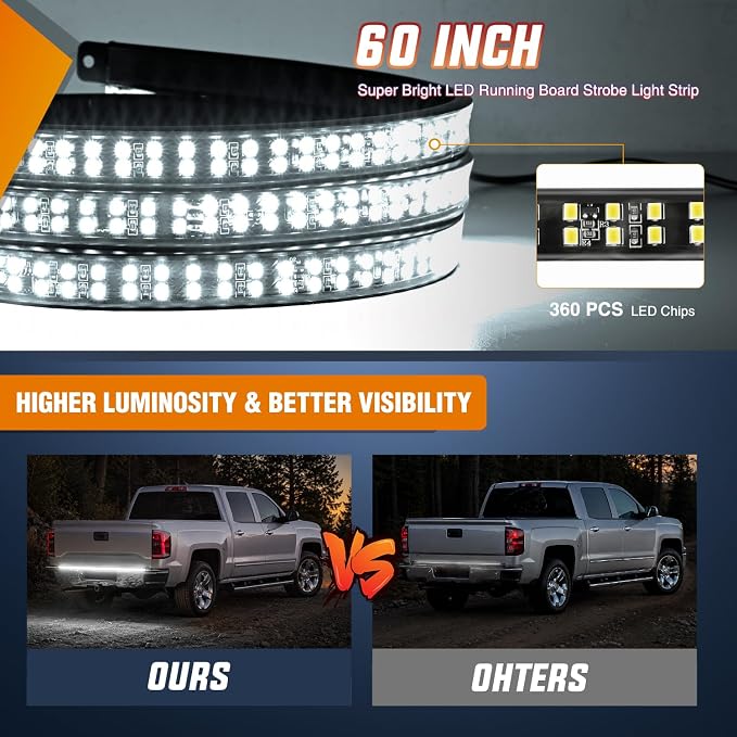 Nilight 60 Inch Truck Tailgate Strobe Light Strip Tail Emergency Bar Rear Window Warning Lamp Ultra-Bright Double Row 360 LED for Pickup Trailers Construction Vehicles Car SUV, White