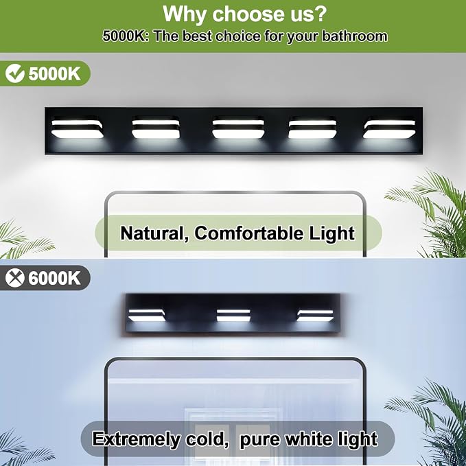 Torondo 360° Rotate LED Bathroom Vanity Light Fixtures, Acrylic Vanity Lights for Bathroom, Modern Wall Lighting Fixtures Over Mirror Living, Matte Black, Natural White, 5-Light, 34-Inch