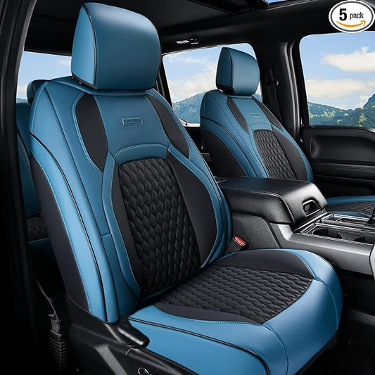 Coverado Chevy Chevrolet Silverado GMC Sierra Seat Covers Full Set, Fit for 2007-2013 & 2019-2026 1500, 2020-2026 2500HD 3500HD Crew Double Extended Cab, Faux Waterproof Leather Seat Covers (Blue)