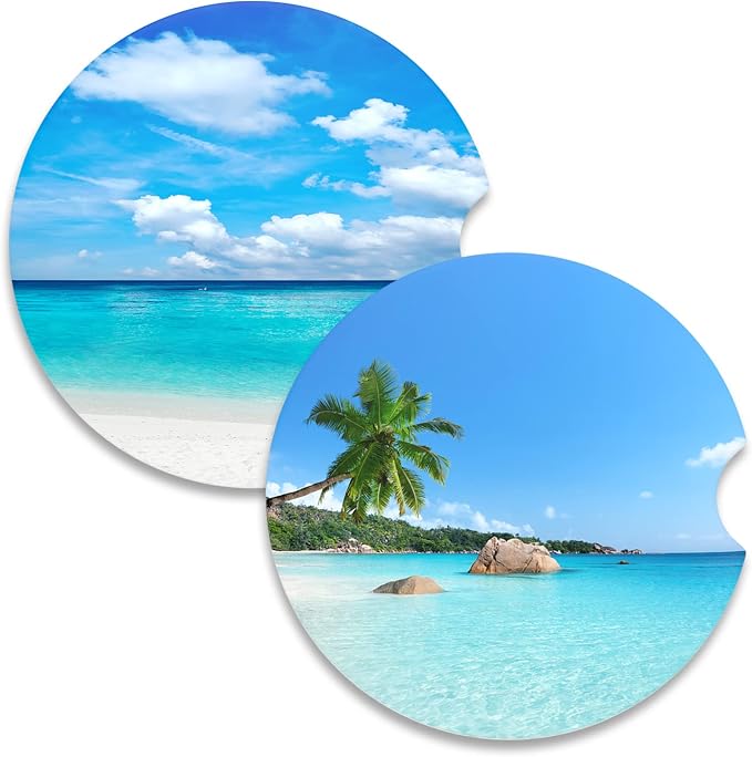 Nipichsha Car Coasters for Cup Holders, 2 Pack Absorbent Ceramic Car Cup Holder Coaster for Drinks, Cute Auto Assecories for Women Men, Size 2.56 in with Finger Notch & Cork Base, Beach Style