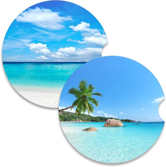 Nipichsha Car Coasters for Cup Holders, 2 Pack Absorbent Ceramic Car Cup Holder Coaster for Drinks, Cute Auto Assecories for Women Men, Size 2.56 in with Finger Notch & Cork Base, Beach Style