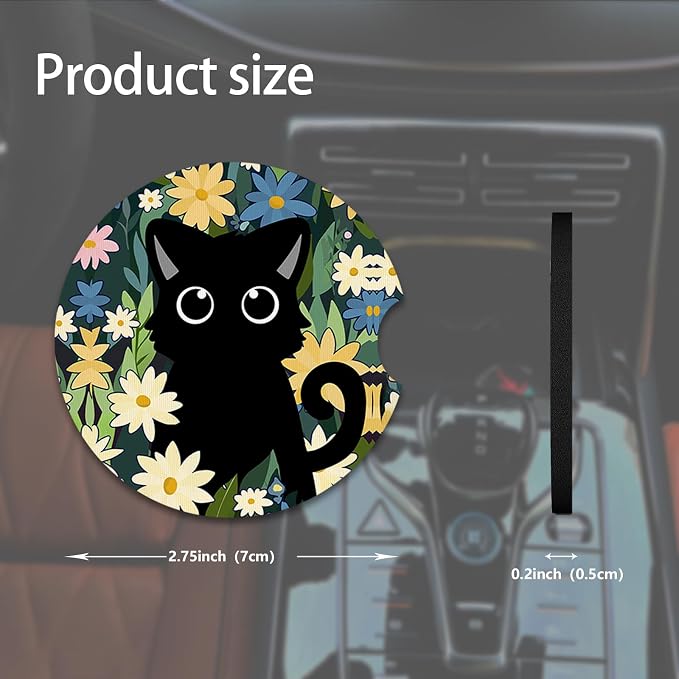 2pcs Cute Black Cat Car Coasters,Absorbent Universal neoprener Cup Holder Coasters with a Finger Notch,Car Accessories for Women&Man Interior，2.75" 2