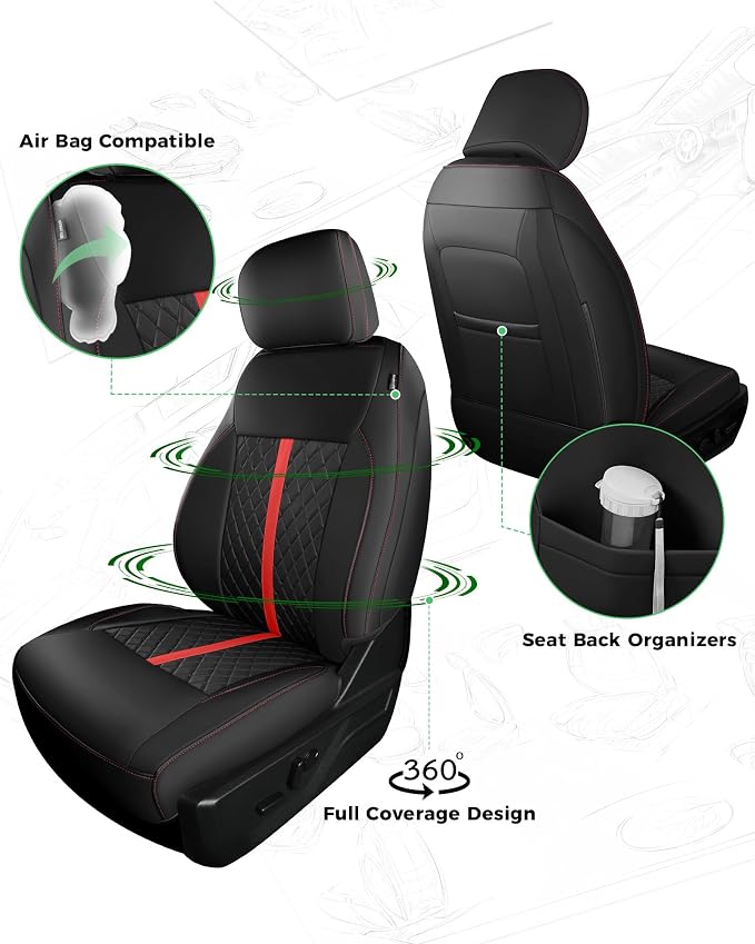 for Ford F150 Leather Seat Covers, SuperCrew XL XLT 2021-2026, F250 F350 F450 Super Duty Crew Cab 2023-2026, Custom Truck Seat Cover Full Set, Pickup Accessories, Black Red (Bucket Seat)