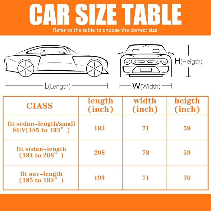 Riakrum Full Car Cover Waterproof All Weather for Automobiles Windproof Cover Rain UV Protection Sun Scratch Resistant Outdoor Universal(Fit Sedan Length (194-208'') 59'' H,Black, Orange)
