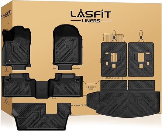 LASFIT Floor Mats&Trunk Mat&Backrest Mats for Dodge Durango 2013-2026, Fit 2nd Row Bench Seat(7seats), Not for 2nd Row Bucket Seat(6seats/5 Seats), All Weather TPE Custom Fit Cargo Liner, Black