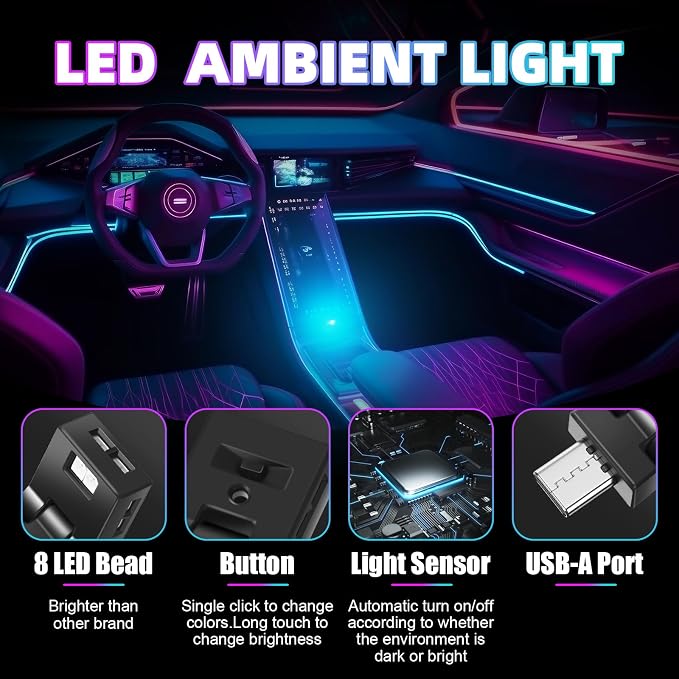 Frienda 2 Pcs Mini USB LED Light Car LED Interior Lighting 5v RGB Foldable Lighting Adjustable 8 Color and Brightness Smart USB Night Lamp for Cars Laptop Keyboard (Manual Switch USB-A)
