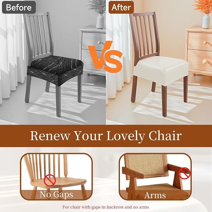 Waterproof Dining Chair Seat Covers Leather Kitchen Seat Covers, Stain Resistant Stretch Chair Seat Covers for Dining Room Chairs Set of 6, Rear Covered Washable Dining Chair Covers Cream
