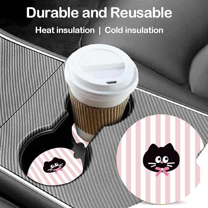 Ceramic Car Coasters – Absorbent Car Cup Holder Coaster Set for Women, Cute Aesthetic Car Accessories for Girls, 2 Pack (Sea Pink)