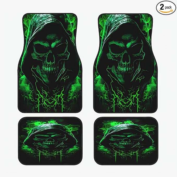Universal Fit Car Floor Mats Set of 4Pcs, Green Horror Skull All-Weather Front Rear Car Carpet Mats, Non-Slip Car Floor Mat Car Accessories for Automotive Trucks SUV Sedans Vans