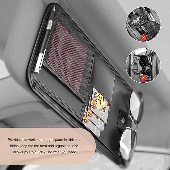 Car Sun Visor Organizer, PU Leather Multi-Pocket Visor Storage Pouch with Zipper, Auto Interior Document Holder Sunvisor Card Sleeve Pocket Organizer for Driving License Pen Key (Beige)