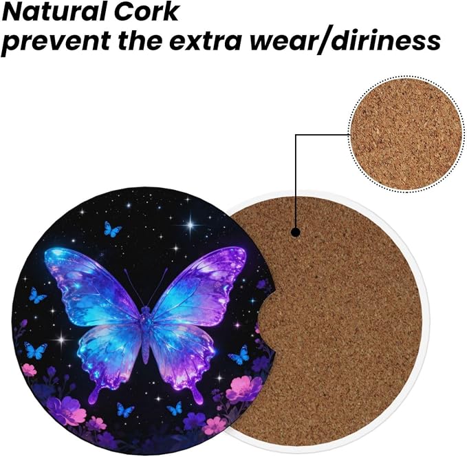 Butterflies Starry Sky Flowers Shimmering 2 Pack Car Cup Holder Coasters Absorbent Ceramic Drink Coasters 2.56" Anti Slip Cup Mat with Cork Base and Finger Notch Auto Accessories for Women Men