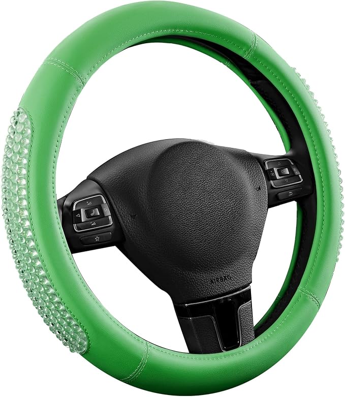 PIC AUTO Steering Wheel Cover, Green Leather, Fits 14.5-15.5 Inch Wheels | Universal Steering Wheel Cover with Anti-Slip Grip, Durable Car Interior Accessory, Fits Most Cars, SUVs, Trucks and Vans
