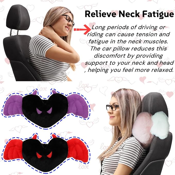 Sexysamba 2 Pcs Heart Shaped Car Headrest Pillow Devil & Angel Wings Neck Pillow Cute Car Seat Decor Neck Support Cushions for Travel Sleeping, Driving, Home, Office, Purple Devil