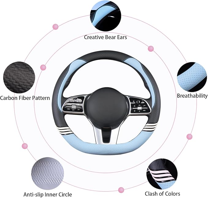 15 inch Cute Leather D Shape Steering Wheel Cover Black Blue | Breathable Faux Leather and Carbon Fiber Flat Bottom Car Accessories for Women Men Universal 14.5 inch to 15 inch