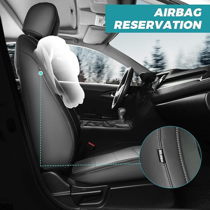 Seat Covers for Honda Civic Sedan 4DR Sedan EX 2022-2024 & Sport, Hybrid Sport 2025-2026, Faux Leather Car Seats Cover Full Set Waterproof, Black Grey (60/40 Split Seatback-with Rear Armrest)