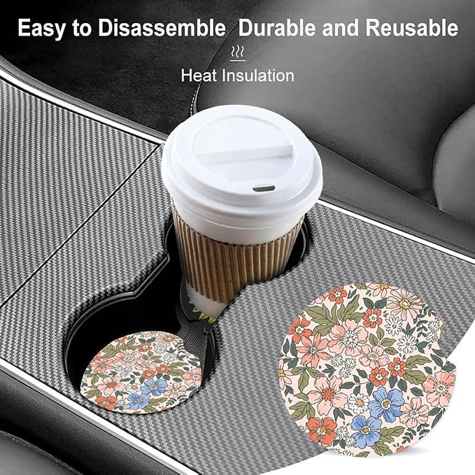 Absorbent Car Cupholder Coaster 2 Pack, Cute Car Coasters with a Finger Notch for Women & Men,2.56" Ceramic Stone & Non-Scratch Cork Base Drink Coasters (Cute Flowers&Grass)