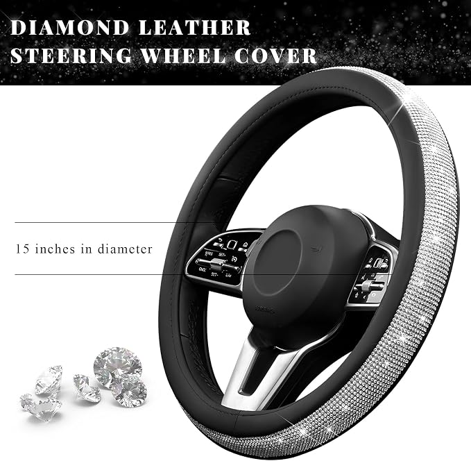 Diamond Leather Steering Wheel Cover, 15 Inch Bling Crystal Rhinestone Anti-Slip Wheel Protector, Universal Sparkling Elegant Diamond Steering Wheels Cover for Women Girl (White)