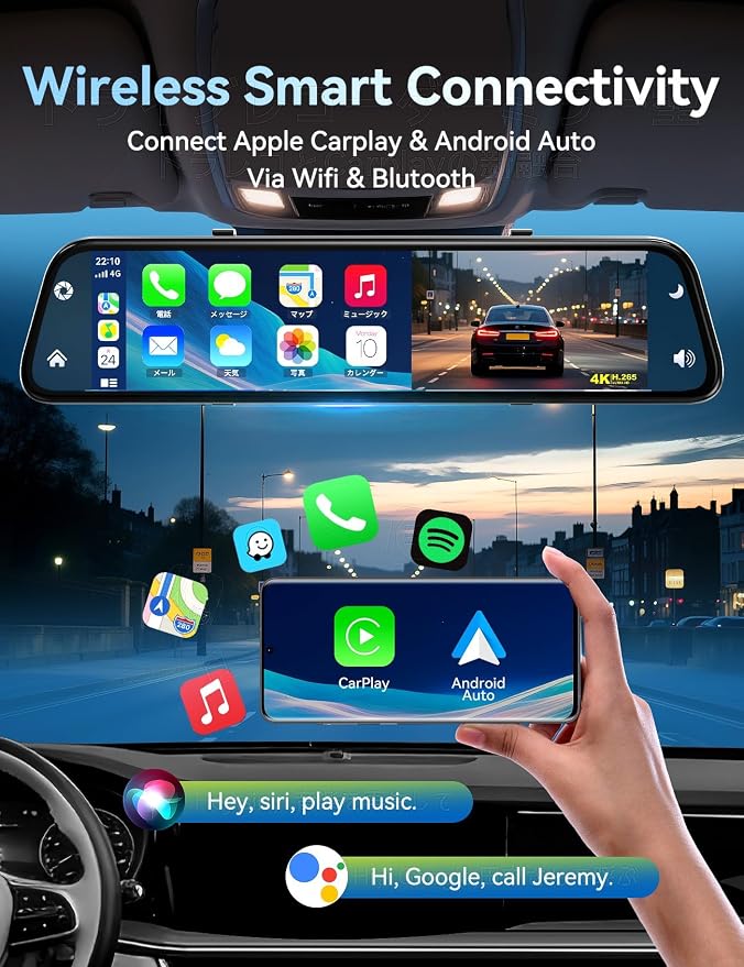 2026 Ultrawide 13’’ 4K Rear View Mirror Camera with Carplay&Android Auto, 5.8GHz WiFi Smart Rearview Mirror with Voice Control/Split Screen, 64GB Card Included,Reverse Assist/Loop Record/G-Sensor