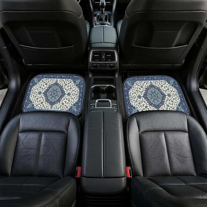 Blue Car Floor Mats Bohemian Floral Carpet Front Rear Carpets Mat Decorative Car Floor Carpets Non-Slip Auto Car Accessories Universal Fit for Car SUV Truck Van