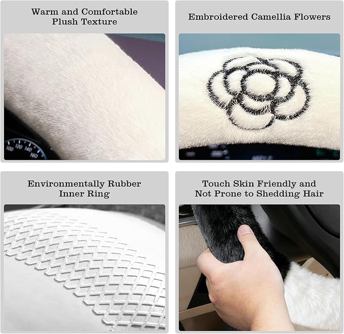 Camellia Flower Plush Steering Wheel Cover, Universal 14.5-15 Inch Winter Plush Warm Steering Wheel Cover, Soft Fluffy, Anti-Slip Design, Soft Texture (Black+White)
