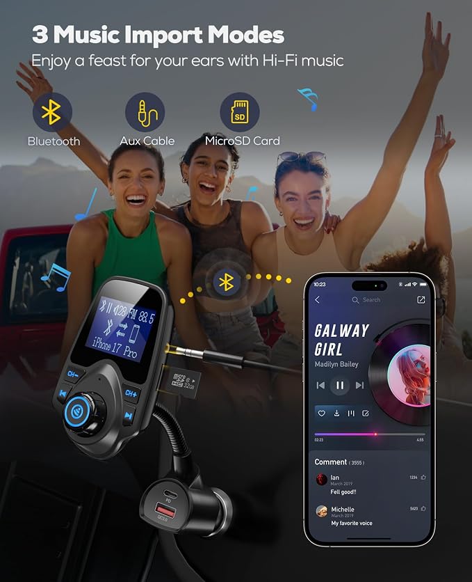 Nulaxy KM18plus Bluetooth 5.4 Car FM Transmitter,1.44" Large Screen Wireless Radio Adapter with 48W Dual Fast Charging (PD 30W & QC 18.0), Hands-Free Call, Matte Black