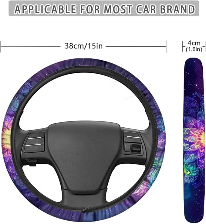 AFPANQZ Automotive Steering Wheel Covers Universal Fit 14 to 15 inch, Purple Bohemian Flower Steering Wheel Protector with Cloth for Women Keep Warm Comfort Grip Sweat Absorption Neoprene